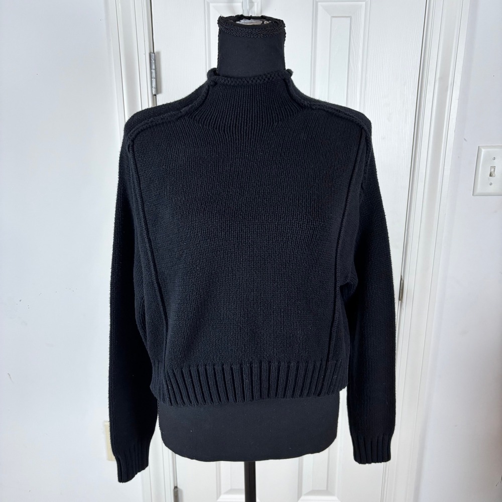 Zara Black Mock Neck Cropped Sweater Exposed Seams Cotton Blend Small